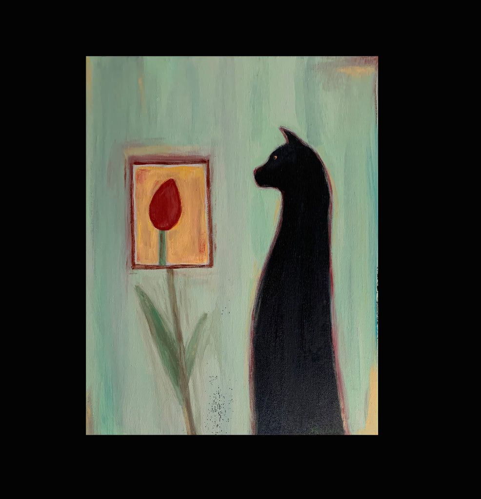 BLACK CAT WITH TULIP - Original Painting
