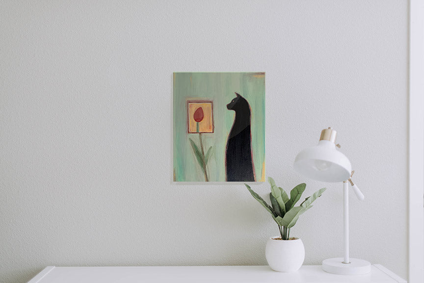 BLACK CAT WITH TULIP - Original Painting