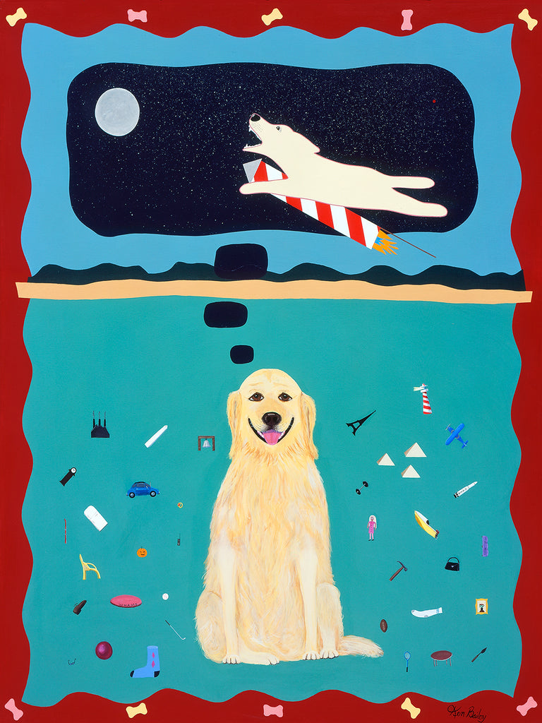 A GOLDEN RETRIEVER'S FANTASY - Whimsical art featuring a Golden Retriever by Ken Bailey