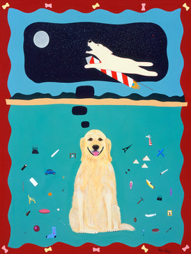 A GOLDEN RETRIEVER'S FANTASY - Whimsical art featuring a Golden Retriever by Ken Bailey