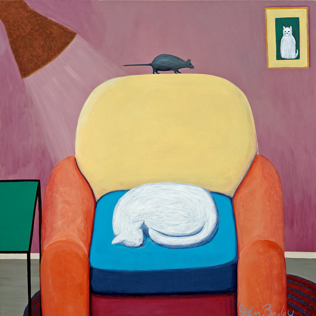 A HARD WORKING CAT - Whimsical Art featuring a white cat by Ken Bailey