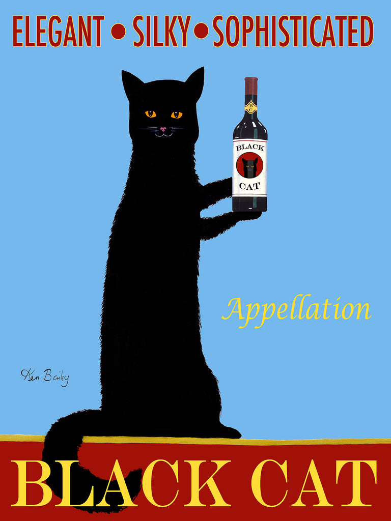 CUSTOM APPELLATION BLACK CAT WINE - Retro Vintage Advertising Art featuring a black cat with wine by Ken Bailey