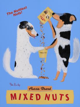 CUSTOM AUSSIE BRAND MIXED NUTS -- Retro Vintage Advertising Art featuring Two Australian Shepherds by Ken Bailey