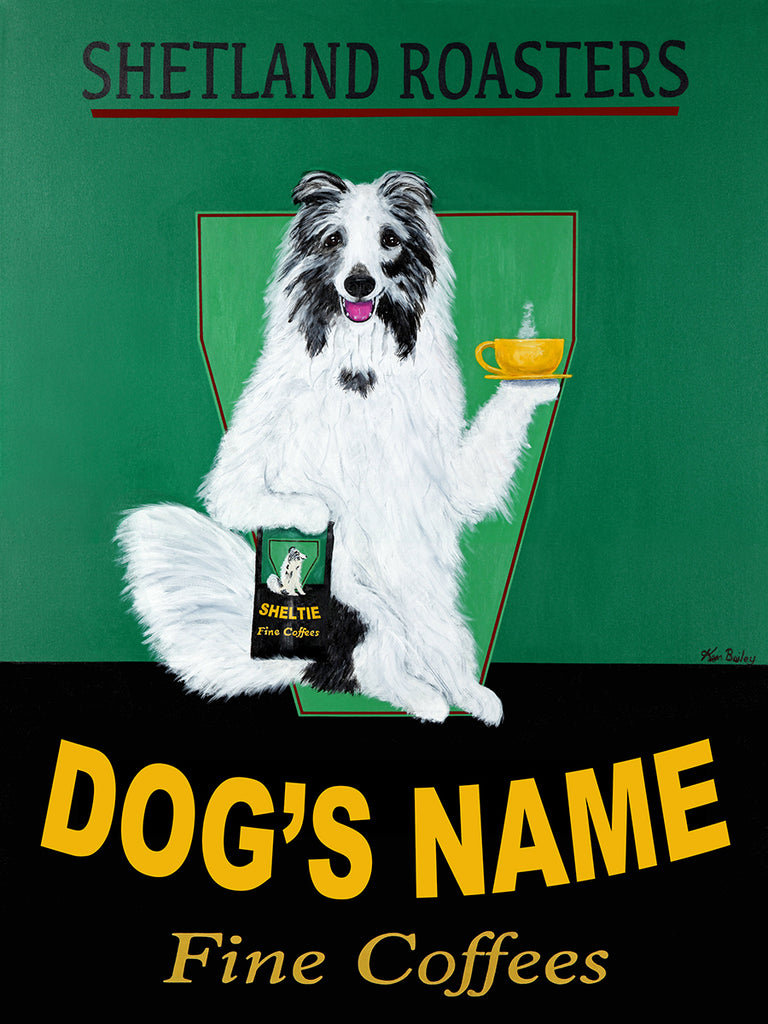 CUSTOM SHELTIE FINE COFFEES - - Retro Vintage Advertising Art featuring a Shetland Sheep Dog by Ken Bailey