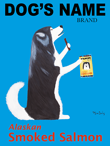 CUSTOM MALAMUTE SMOKED SALMON -- Retro Vintage Advertising Art featuring a Malamute by Ken Bailey