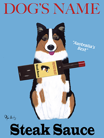 CUSTOM SHEPHERD BRAND STEAK SAUCE -- Retro Vintage Advertising Art featuring an Australian Shepherd by Ken Bailey