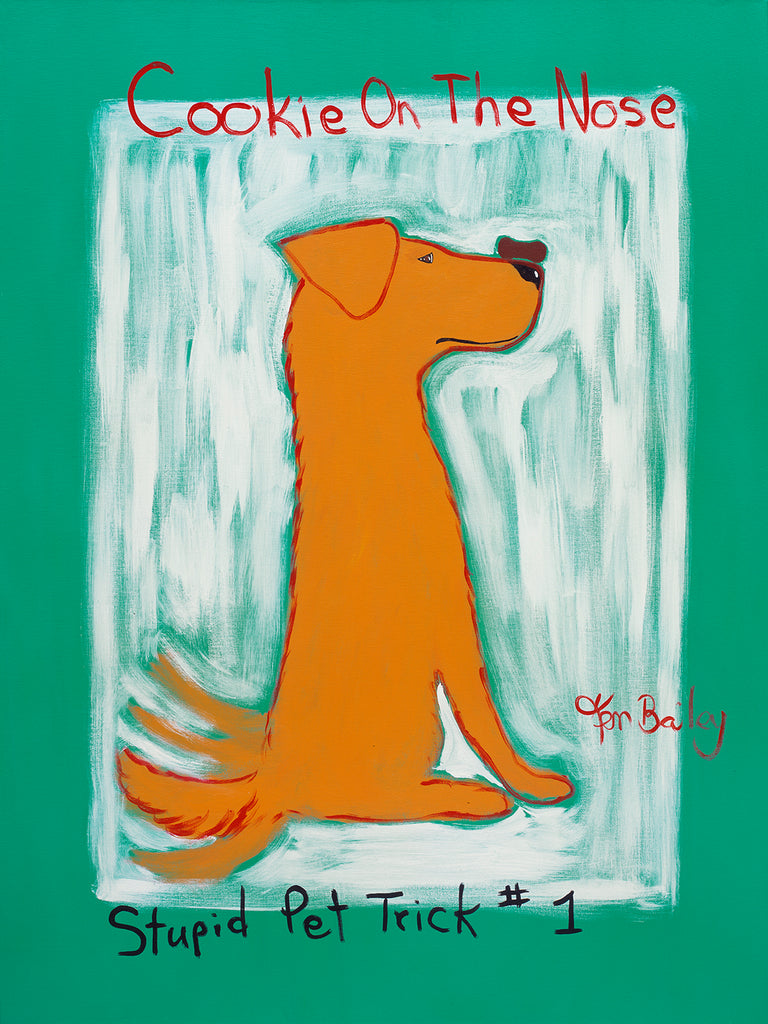 GOLDEN COOKIE ON THE NOSE - STUPID PET TRICK #1 Whimsical Art featuring A Golden Retriever doing this trick by Ken Bailey
