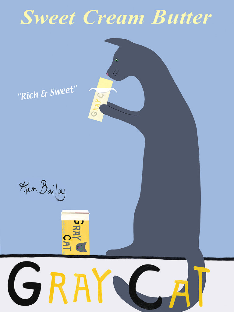 GRAY CAT SWEET CREAM BUTTER - Retro Vintage Advertising Art featuring a gray cat by Ken Bailey