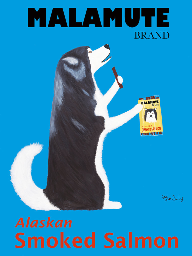 CUSTOM MALAMUTE SMOKED SALMON -- Retro Vintage Advertising Art featuring a Malamute by Ken Bailey