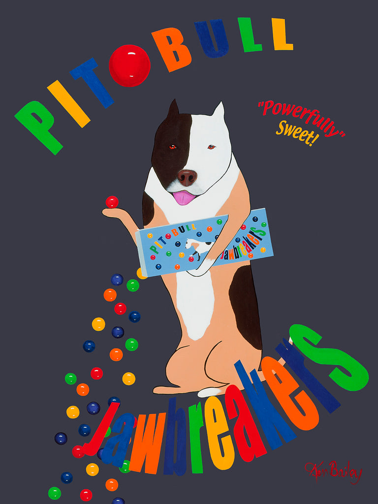 PIT BULL JAWBREAKERS - Retro Vintage Advertising Art featuring a Pit Bull by Ken Bailey