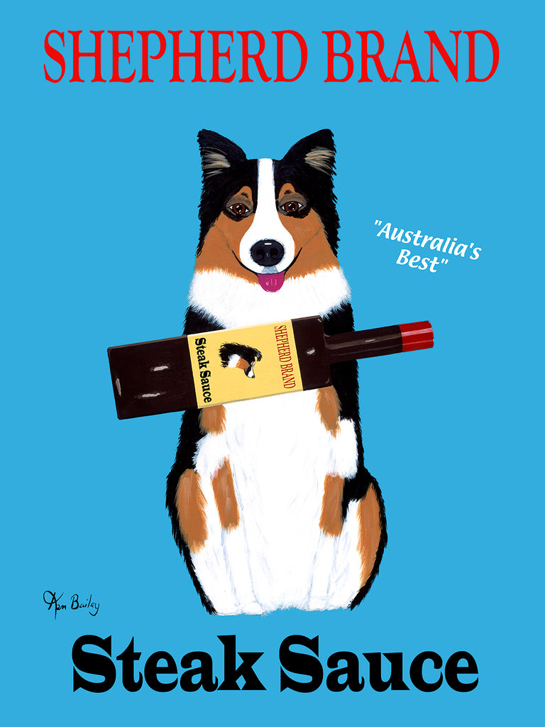 CUSTOM SHEPHERD BRAND STEAK SAUCE -- Retro Vintage Advertising Art featuring an Australian Shepherd by Ken Bailey