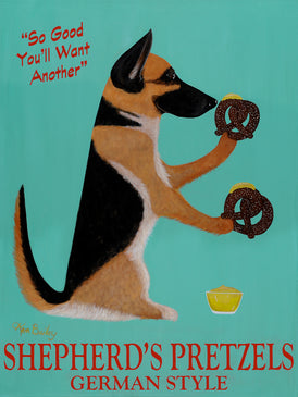 CUSTOM SHEPHERD'S PRETZELS - Retro Vintage Advertising Art featuring an German Shepherd by Ken Bailey