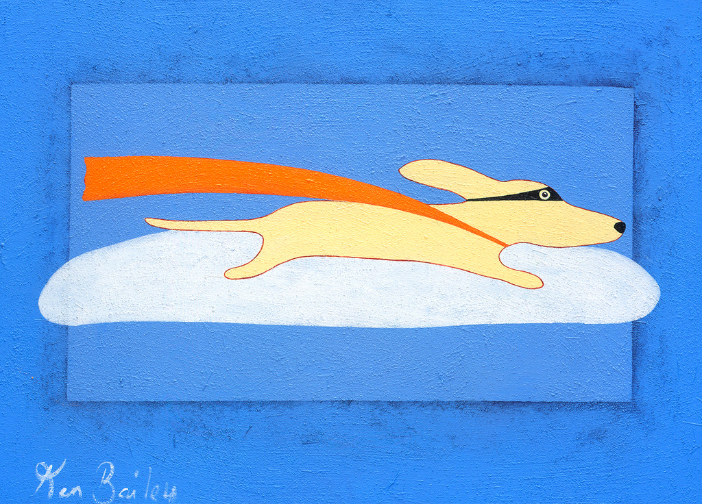 CUSTOM SUPER DOG -- Whimsical art featuring a flying dog by Ken Bailey