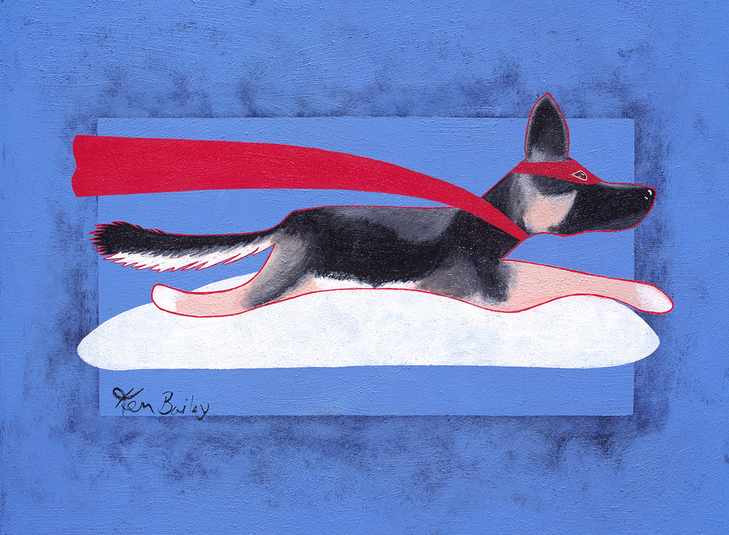 SUPER SHEPHERD - Whimsical art with a German Shepherd flying wearing a cape by Ken Bailey