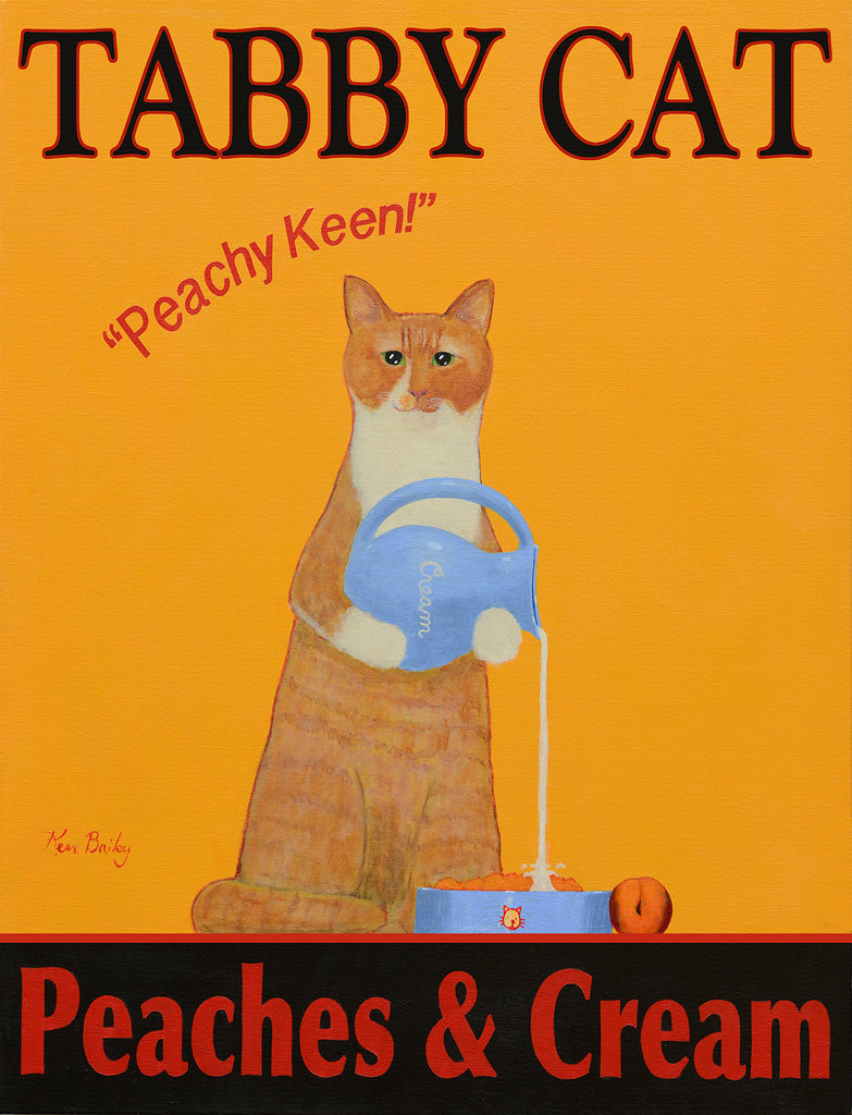 CUSTOM TABBY CAT - PEACHES AND CREAM -- Retro Vintage Advertising Art featuring a Tabby Cat with wine by Ken Bailey