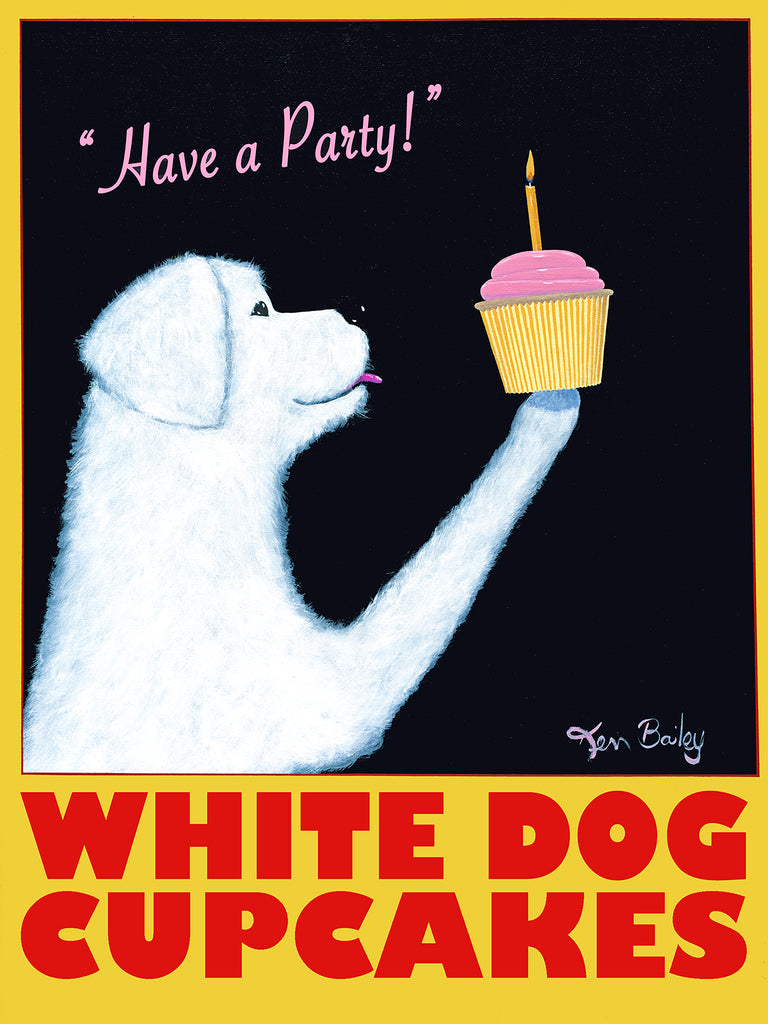CUSTOM WHITE DOG CUPCAKES - Retro Vintage Advertising Art featuring a white dog by Ken Bailey