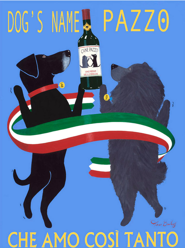 CUSTOM CANE PAZZO (CRAZY DOG) - - Retro Vintage Advertising Art featuring a Chow and Labrador by Ken Bailey