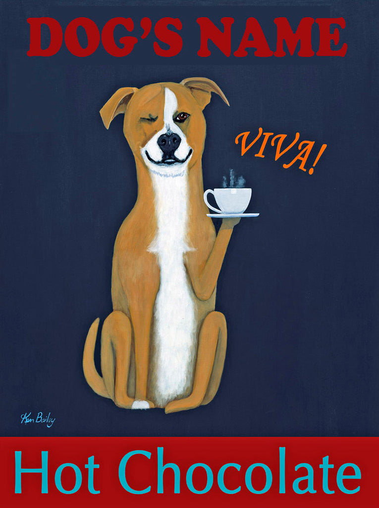 CUSTOM QUINTANO HOT CHOCOLATE - Retro Vintage Advertising Art featuring a mixed breed dog by Ken Bailey