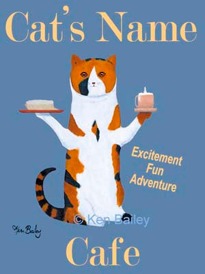 CUSTOM - THE CALICO CAT CAFE - - Retro Vintage Advertising Art featuring a Calico Cat with wine by Ken Bailey