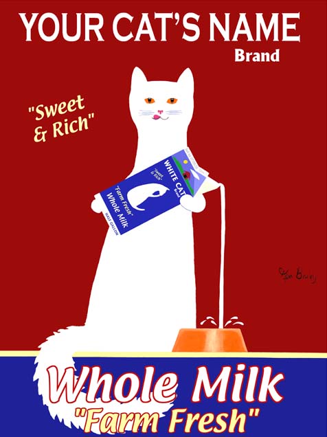 CUSTOM WHITE CAT MILK -- Retro Vintage Advertising Art featuring a white cat by Ken Bailey