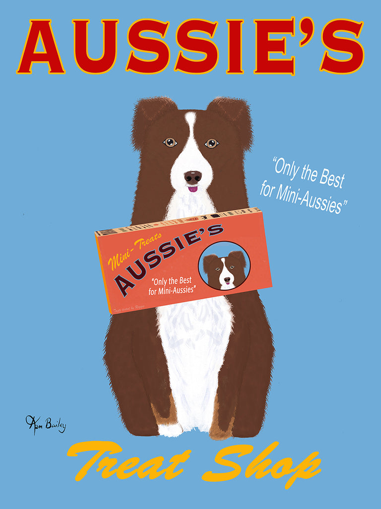 CUSTOM - AUSSIE'S TREAT SHOP - Retro Vintage Advertising Art featuring an Australian Shepherd by Ken Bailey