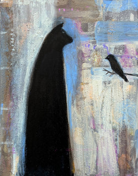BLACK CAT WITH BLACK BIRD