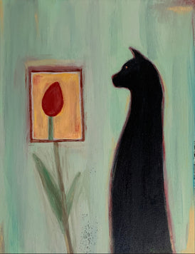 BLACK CAT WITH TULIP - Original Painting