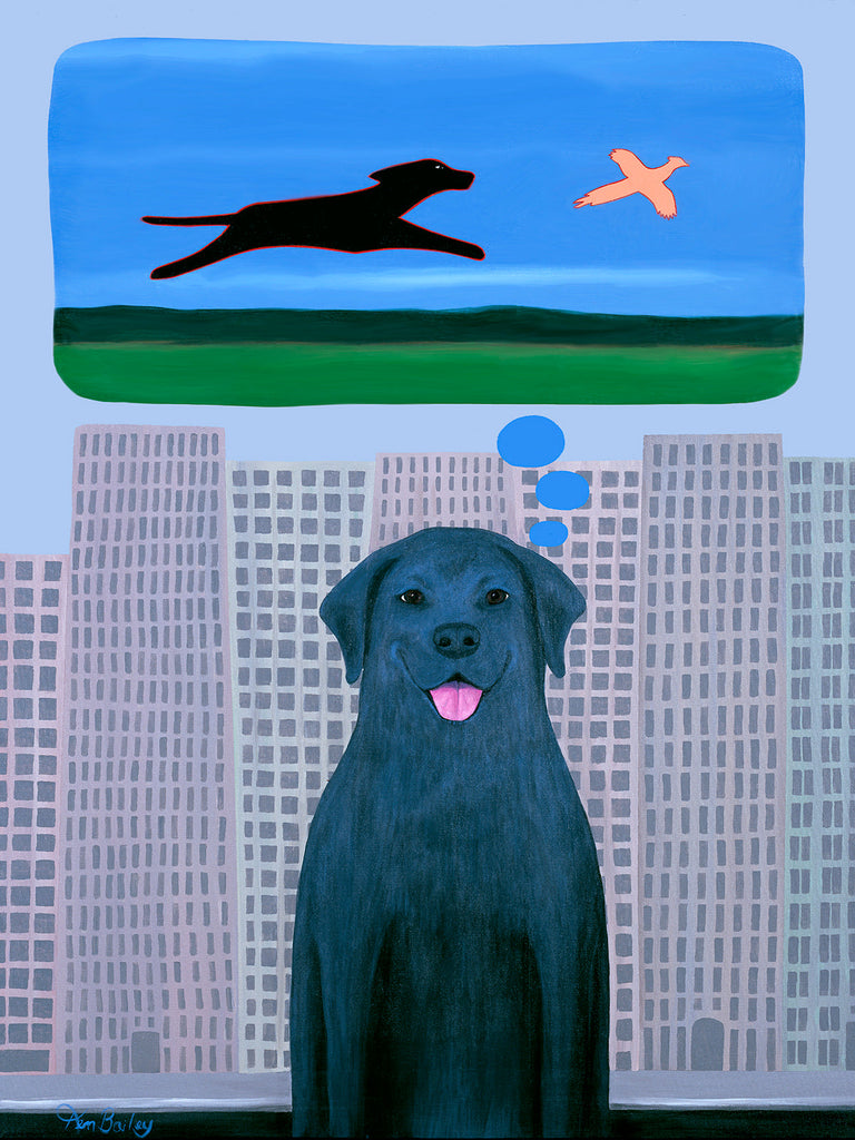 CITY DOG WITH COUNTRY DREAMS - 27" x 20" print image on a 30" x 24" sheet of fine art paper. Whimsical art featuring a black Labrador Retriever by Ken Bailey