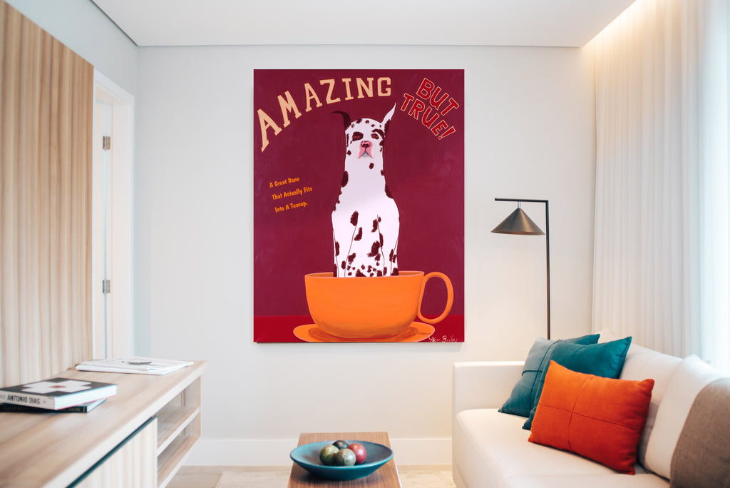 AMAZING BUT TRUE - A GREAT DANE THAT CAN ACTUALLY FIT INTO A TEA CUP - The original painting - Whimsical art featuring a Great Dane by Ken Bailey