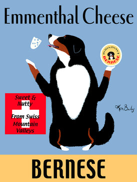 CUSTOM BERNESE EMMENTHAL CHEESE - - Retro Vintage Advertising Art featuring a Bernese Mountain Dog by Ken Bailey