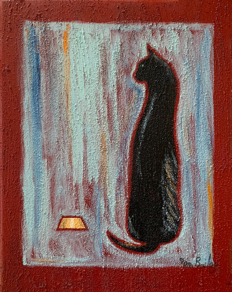 BLACK CAT AND FOOD BOWL - Original Painting