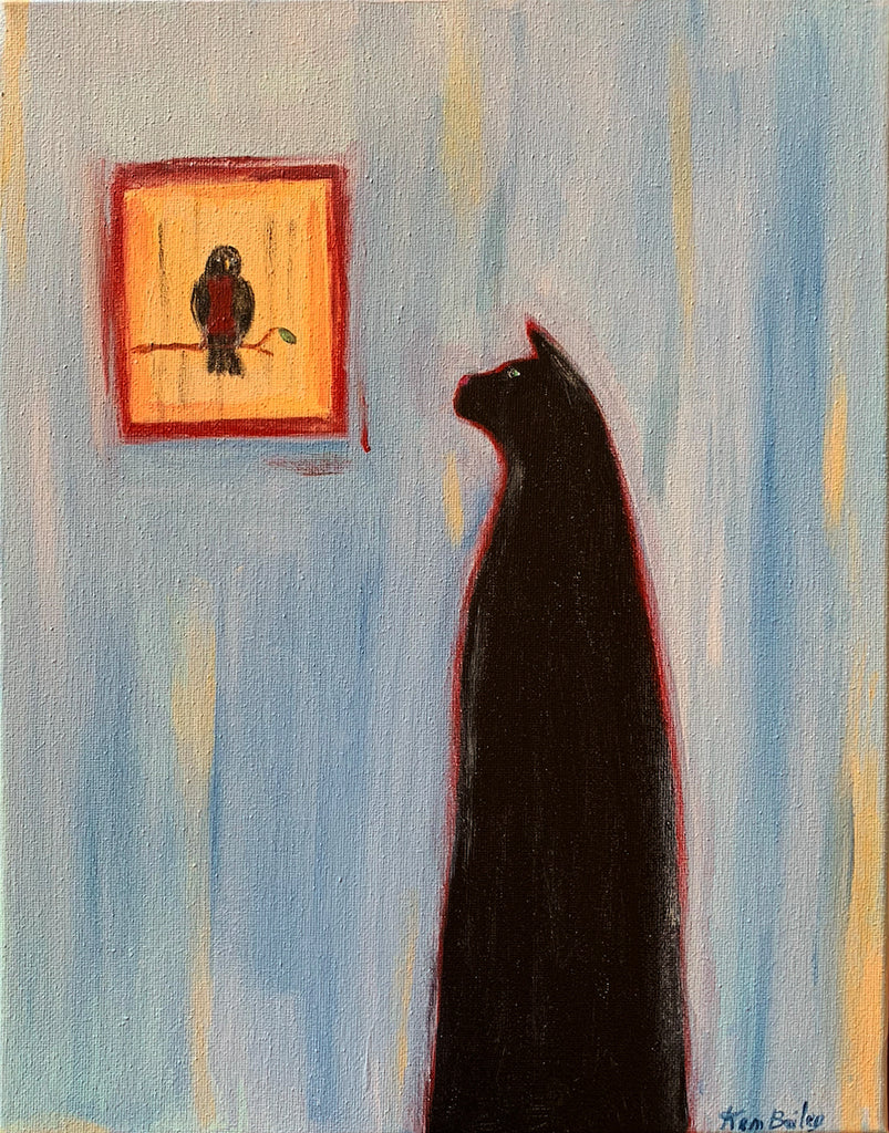 BLACK CAT WITH ROBIN - Original Painting