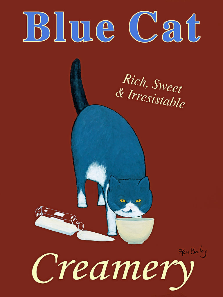 BLUE CAT CREAMERY - Retro Vintage Advertising Art featuring a British Blue Shorthair cat by Ken Bailey