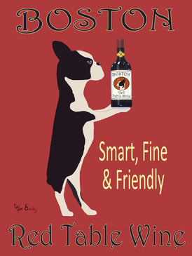 BOSTON RED TABLE WINE - Retro Vintage Advertising Art featuring a Boston Terrier by Ken Bailey