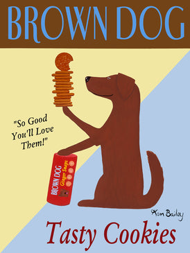 BROWN DOG TASTY COOKIES - Retro Vintage Advertising Art featuring a brown dog by Ken Bailey