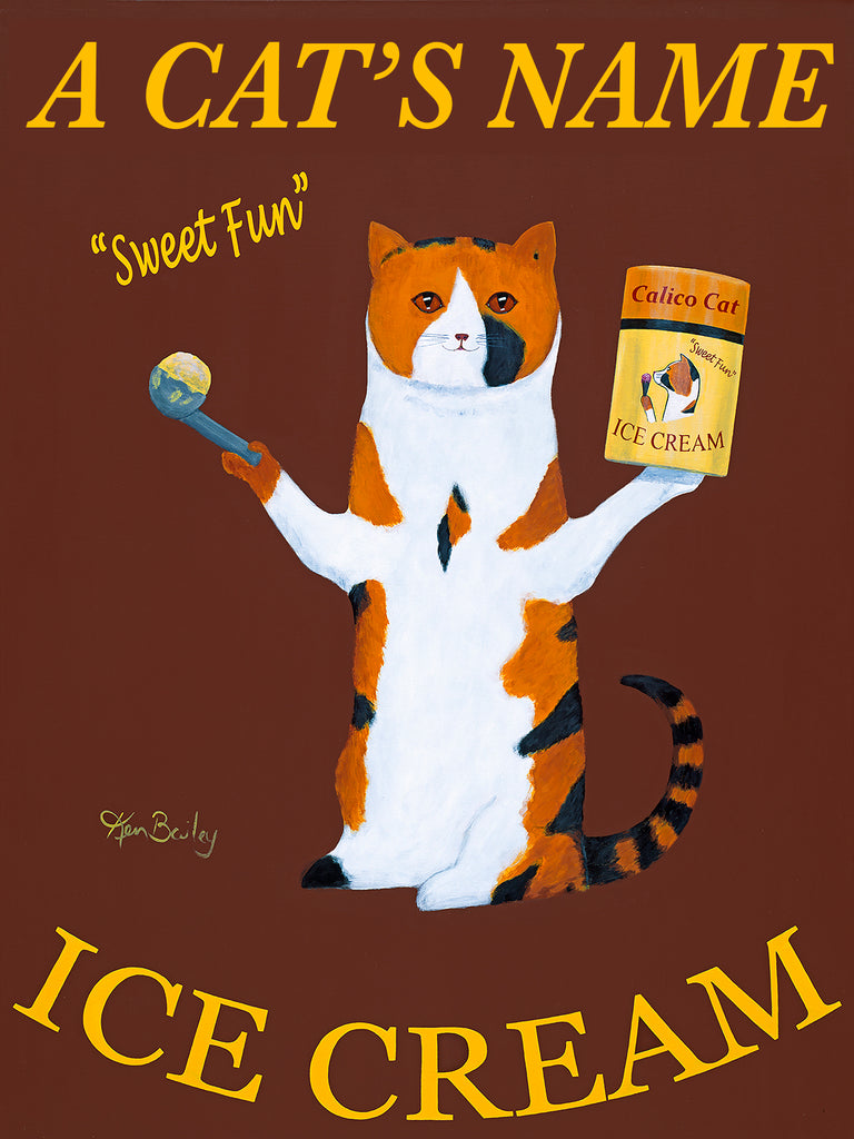 CUSTOM - CALICO CAT ICE CREAM - - Retro Vintage Advertising Art featuring a Calico Cat with ice cream by Ken Bailey