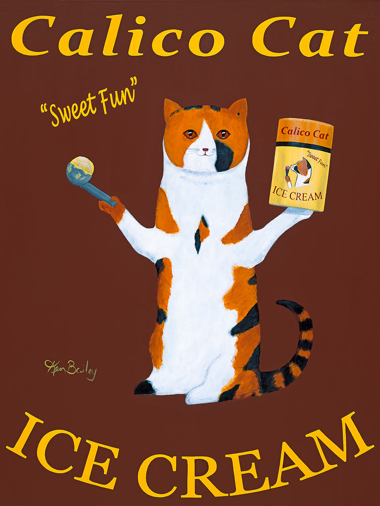 CALICO CAT ICE CREAM - Retro Vintage Advertising Art featuring a Calico cat by Ken Bailey