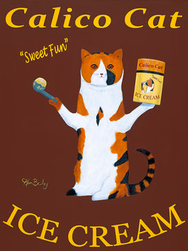 CUSTOM - CALICO CAT ICE CREAM - - Retro Vintage Advertising Art featuring a Calico Cat with ice cream by Ken Bailey