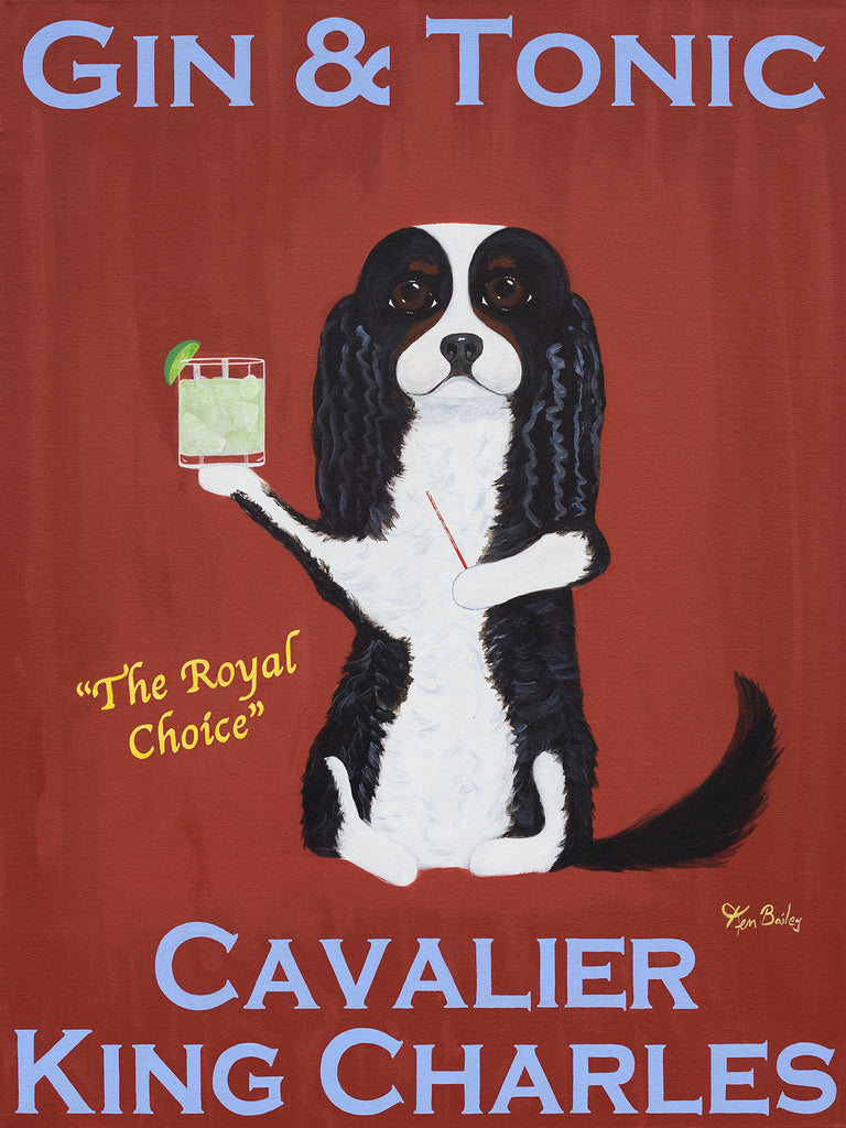 CAVALIER GIN & TONIC - Retro Vintage Advertising Art featuring a Cavalier King Charles Spaniel by Ken Bailey