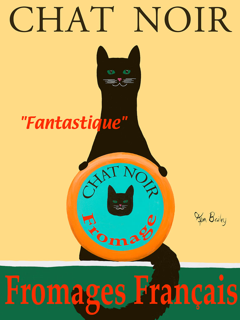 CHAT NOIR II  - FROMAGES FRANÇAIS (BLACK CAT FRENCH CHEESES) - Retro Vintage Advertising Art featuring a black cat  by Ken Bailey