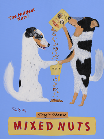 CUSTOM AUSSIE BRAND MIXED NUTS -- Retro Vintage Advertising Art featuring Two Australian Shepherds by Ken Bailey