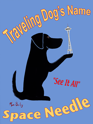 CUSTOM TRAVELING DOG - THE SPACE NEEDLE -- Retro Vintage Advertising Art featuring a black dog by Ken Bailey