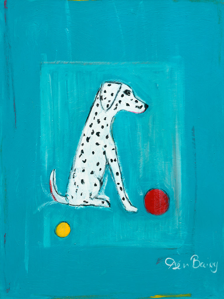 DALMATIAN WITH A RED BALL AND A YELLOW BALL - Retro Vintage Advertising Art featuring a Dalmatian dog by Ken Bailey