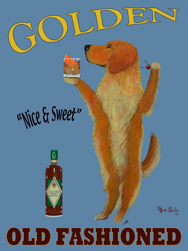 CUSTOM GOLDEN OLD FASHIONED -- Retro Vintage Advertising Art featuring a Golden Retriever by Ken Bailey