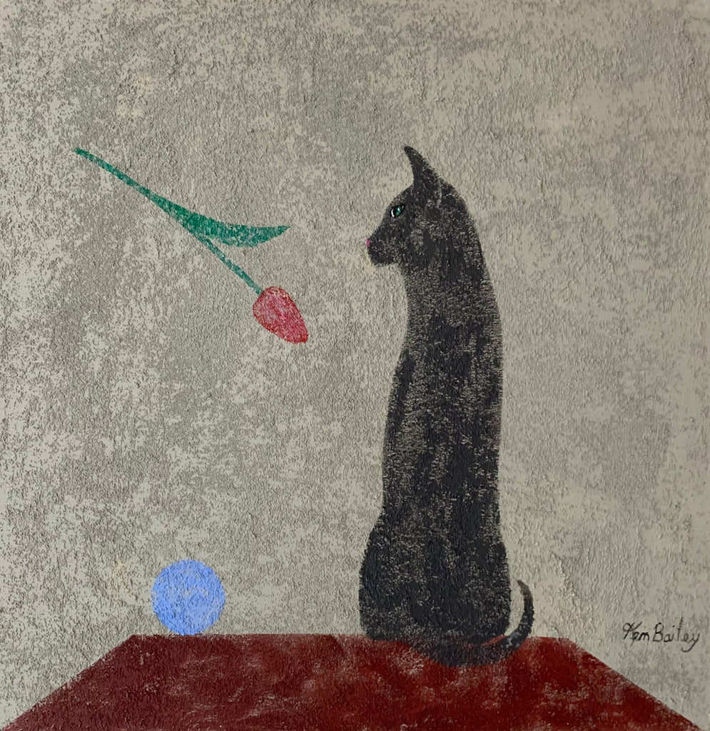 GRAY CAT WITH TULIP - Original Painting