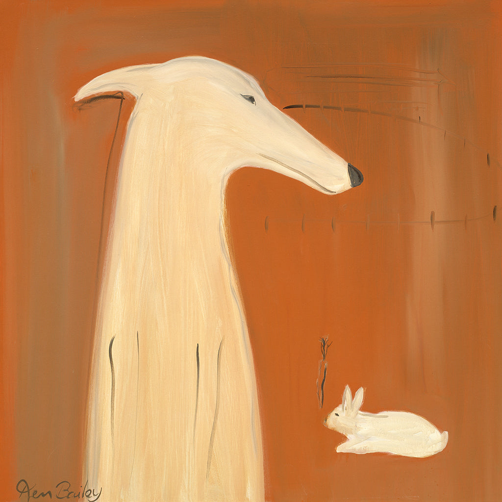 GREYHOUND AND RABBIT - Whimsical Art featuring a Greyhound by Ken Bailey