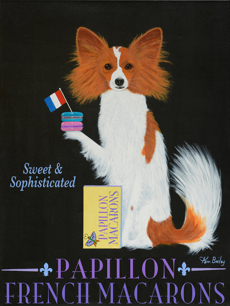 PAPILLON FRENCH MACARONS - Retro Vintage Advertising Art featuring a Papillon by Ken Bailey