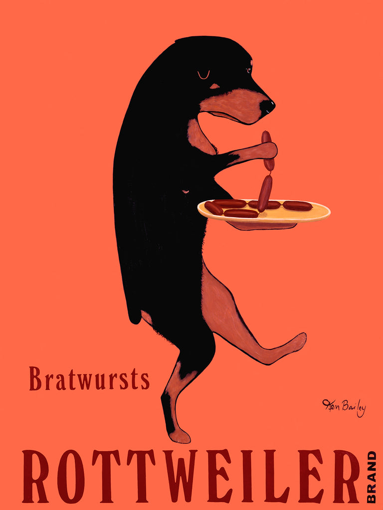 ROTTWEILER BRATWURSTS - Retro Vintage Advertising Art featuring a Rottweiler by Ken Bailey