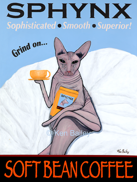 SPHYNX SOFT BEAN COFFEE - Retro Vintage Advertising Art featuring a Sphynx Cat with coffee by Ken Bailey