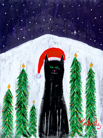 SANTA CAT Whimsical Art featuring a cat in a Santa hat by Ken Bailey